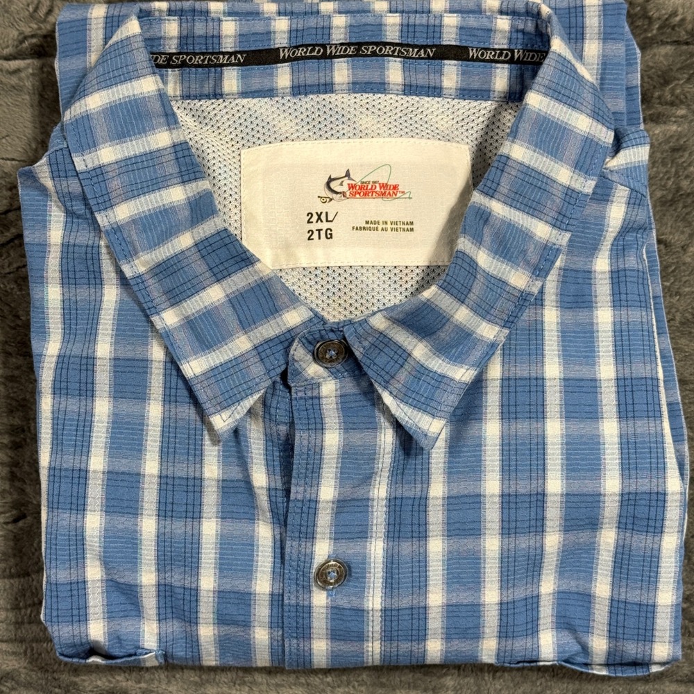 World Wide Sportsman Fishing Shirt Mens 2XL Blue Plaid 616WWS21-9029W